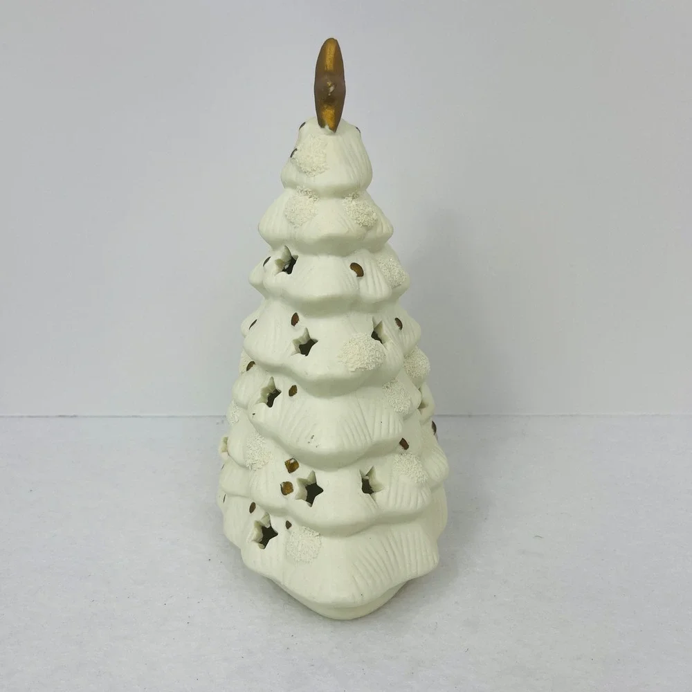 White Ceramic Christmas Tree Tea Light Holder Gold Star Cutouts Holiday Decor 8